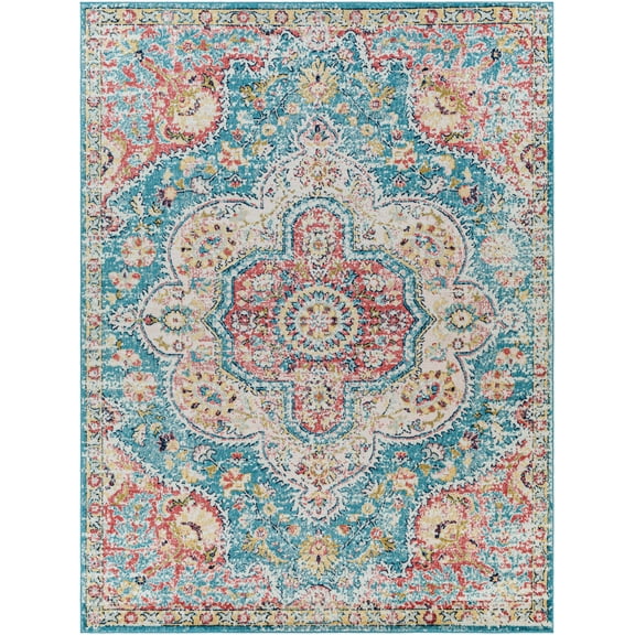 BoutiqueRugs Sharnbrook Oriental Medallion Area Rug - Farmhouse Traditional Floral Carpet for Living Room - Navy, Sky Blue, Dark Pink - 2' x 2'11"