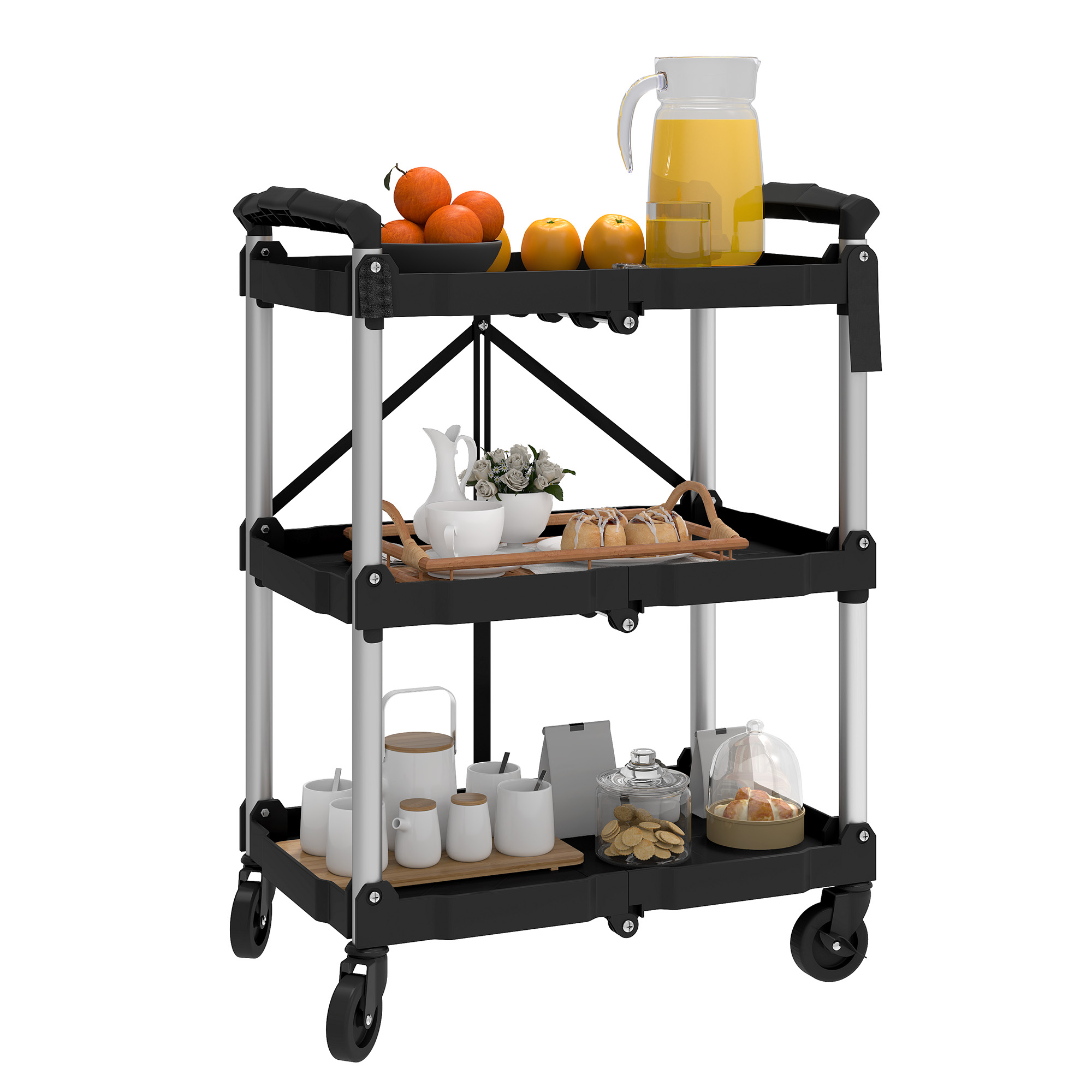 Uforic 3-Tier Collapsible Utility Cart with 360° Swivel Wheels, 115 lb Load Capacity per Shelf, Portable for Home and Office