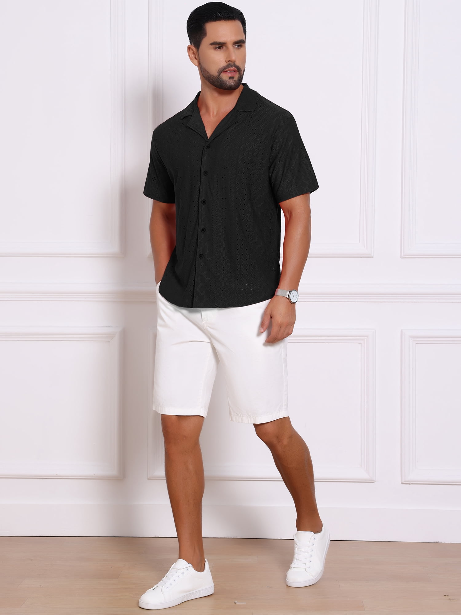DARING DIVA Men's Hollow Texture Knit Short Sleeve Camp Collar Shirt 2XL Black