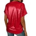 thumbnail image 4 of MaFYtyTPR Women's Sequin Short Sleeve Shirts Sparkly Casual Solid Color Spliced V-Neck Button Loose T-shirts Tops Red XL, 4 of 4
