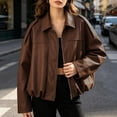 thumbnail image 5 of Edvintorg Jackets for Women Drop Shoulder Cropped Leather Jacket Gathered Hem Oversized Batwing Sleeve Zip up Short Coat with Pocket Women Clothing S-L Brown, 5 of 6