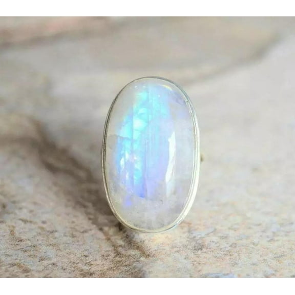 Pink Rainbow Moonstone Ring, Oval Cut Gemstone Ring, Big Stone Ring, Blue Fire Gemstone, 925 Silver Ring, Ring For Mom, Personalized Gift***