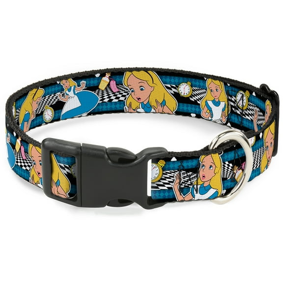 Disney Pet Collar, Dog Collar Plastic Buckle, Alice In Wonderland Poses Clock Bottle Black White Blues, 11 to 16.5 Inches 1.0 Inch Wide