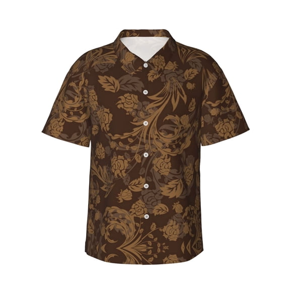 Brown Flower Hawaiian Shirts For Men, Summer Short-Sleeve Relaxed-Fit Button-Down Shirts Small