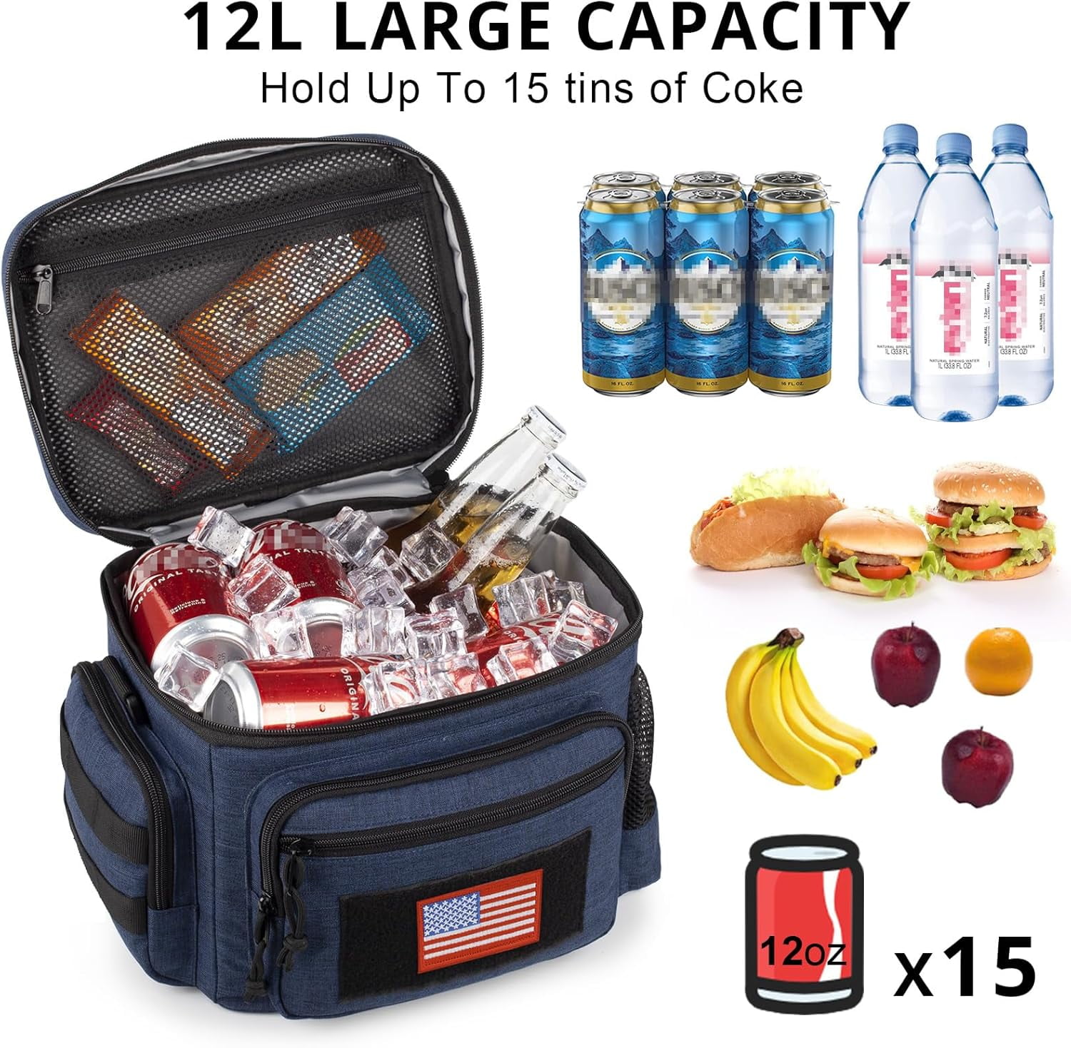 TRIPGEAR Lunch Box for Men, Mens Lunch Bag with Webbing Leakproof Insulated Large Capacity Cooler Bag with Adjustable Shoulder Strap(12.3L Blue)