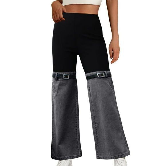 Timegard Wide Leg Pants for Women High Waist Bell Bottom Patchwork Jeans Pants with Pockets Fall Fashion