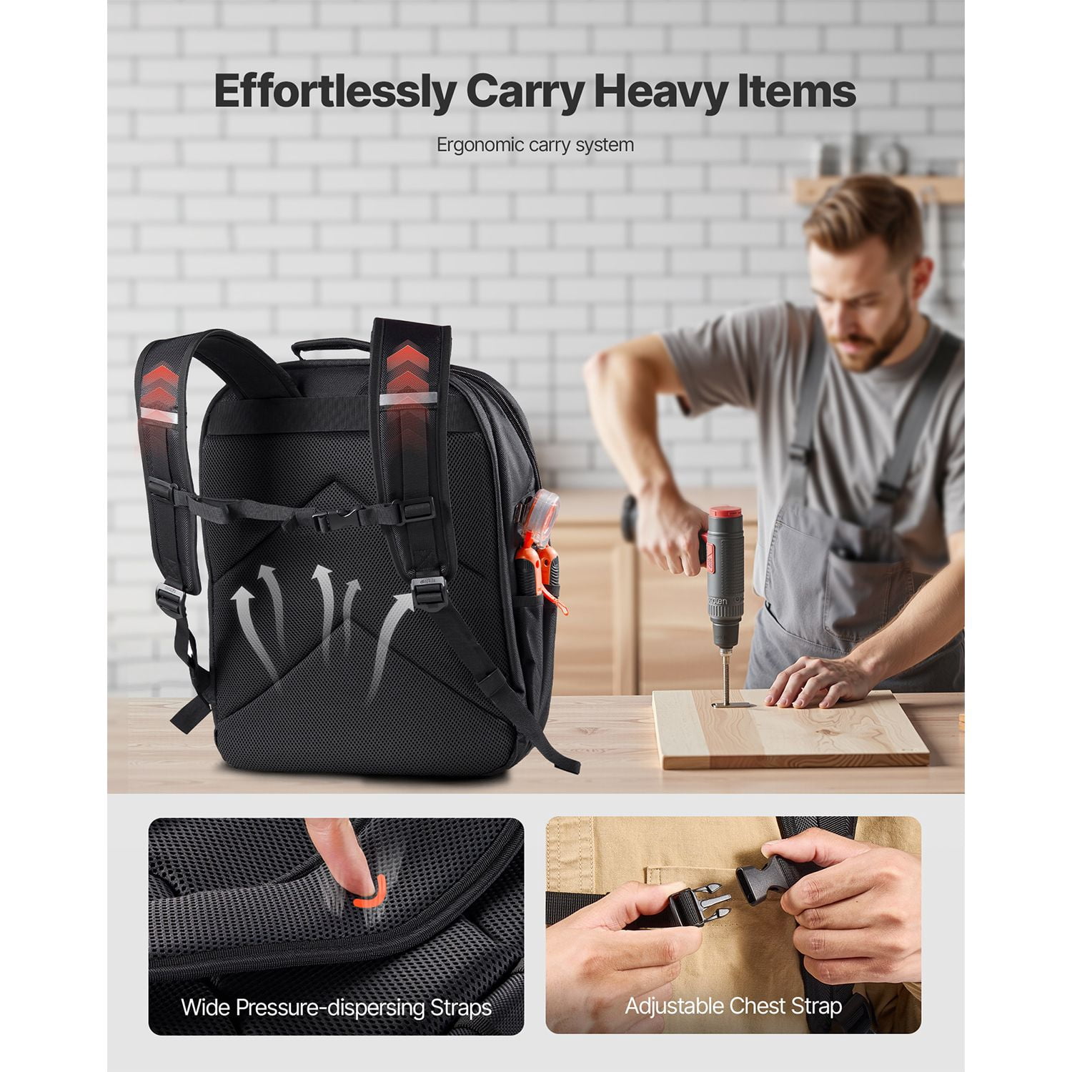 Tool Backpack 45 Pockets 1680D Oxford 50 lbs Capacity with Laptop Compartment for Electrician