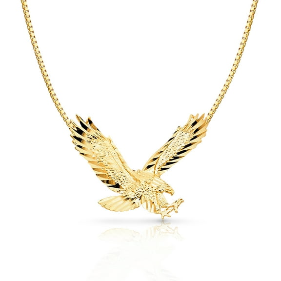 14K Yellow Solid Gold Eagle Charm Pendant with 1.2mm Box Chain Necklace