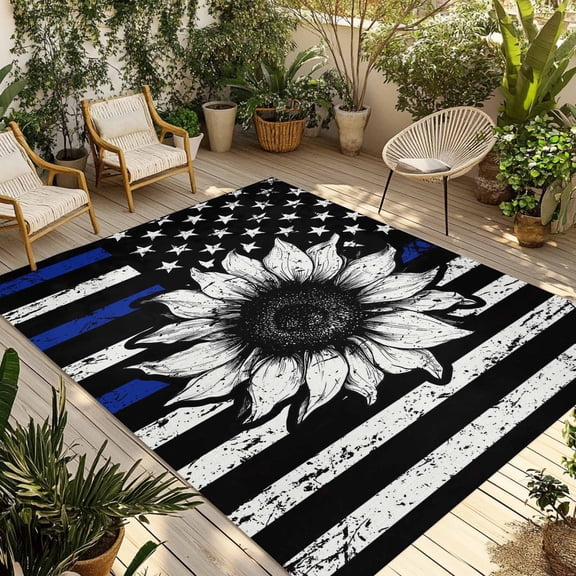 American Flag Outdoor Rug 5x7 Ft - Reversible Patio Rug Outdoor Camping Rugs, Farmhouse Sunflowers Shabby Chic Country Black Blue Indoor Outdoor Area Rugs, Non-Slip Outdoor Carpet for Deck/Porch