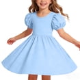 thumbnail image 6 of qolati Girls Summer Dresses Puff Short Sleeve Party Dress Kids Casual Crew Neck Crossovers Back A-Line Flowy Knee Length Flower Dress 5-15 Years, 6 of 9