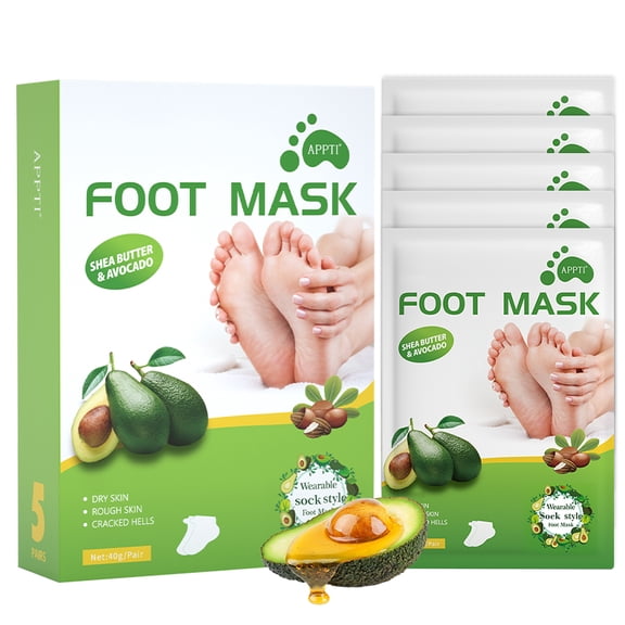 Dr.pedi Avocado Moisturizing Foot Mask 5 Pairs, Hydrating Foot Socks with Shea Butter & Jojoba Oil for Dry Cracked Heels & Rough Feet Care