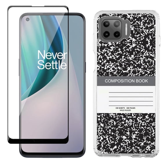 Slim-Fit Protective Phone Case compatible with Motorola Moto One 5G UW, with Tempered Glass Screen Protector, by OneToughShield ® - Composition Book