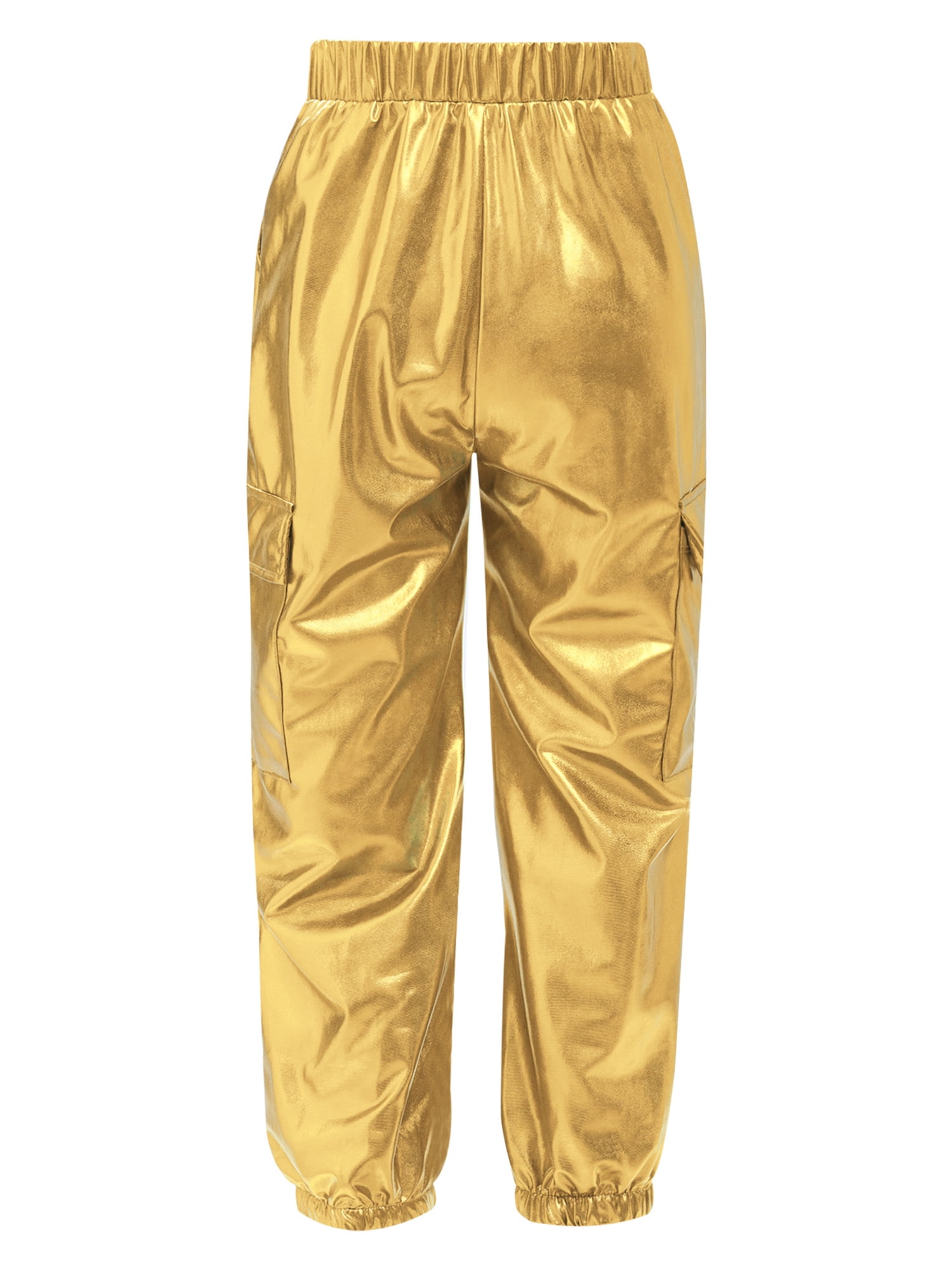 CHICTRY Shiny Holographic Cargo Pants Girls Boys Jazz Hip-Hop Street Dance Wear Trousers with Pockets Gold 16