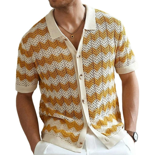 Men's Striped Crochet Knit Short-Sleeve Button-Up Shirt Breathable Fabric Summer Beach & Vacation Wear For Canadian Men,Yellow,XXXL