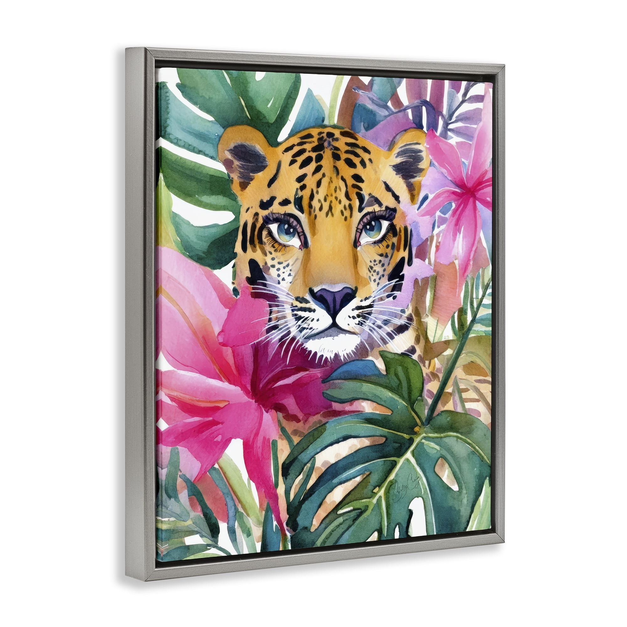 Stupell Industries Tropical Tiger Peeking Gray Framed Floater Canvas Wall Art, design by Shelly Craig
