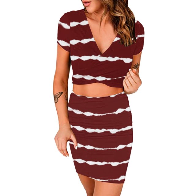 Vestidos de club sexy para mujer Nudos cruzados Manga corta Básico Casual Trajes de 2 piezas Conjunto de falda con top corto Pompotops qwe14092