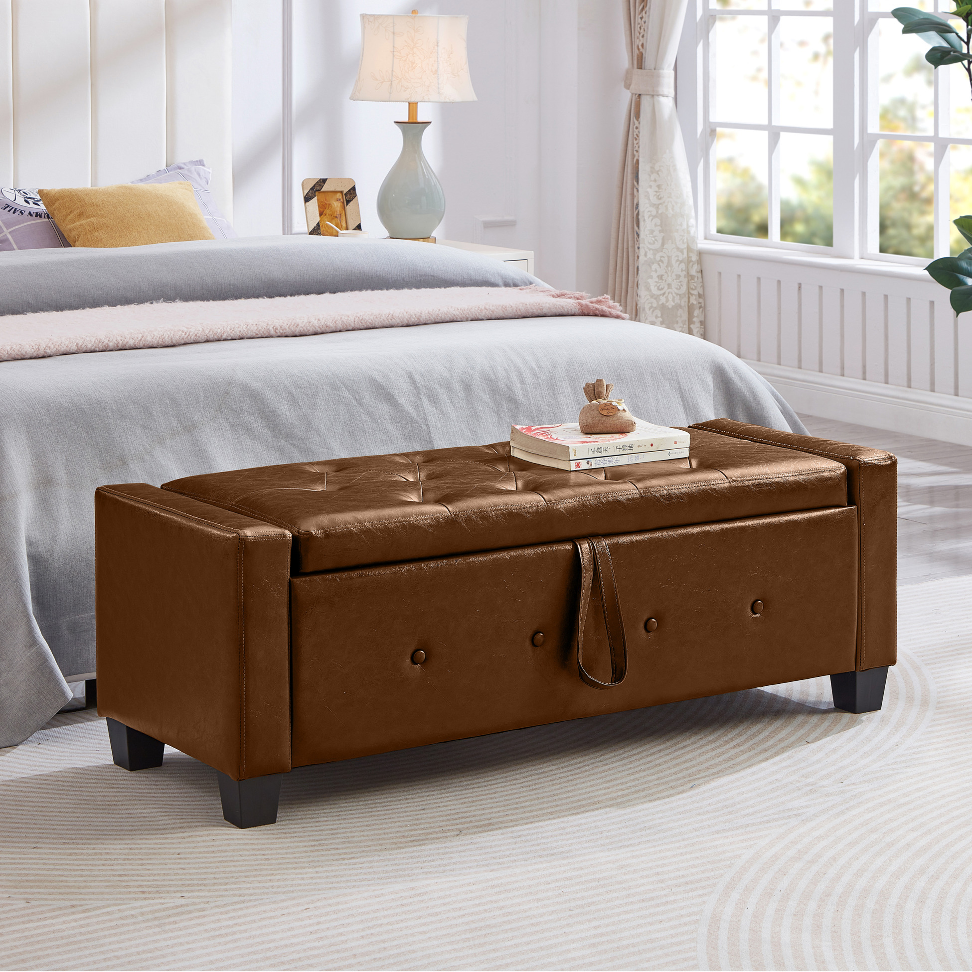 48" Storage Ottoman Bench, Upholstered Faux Leather Entryway Bench with Seating, Tufted Large End of Bed Ottomans for Living Room, Bedroom, Holds up to 300 lb, Brown