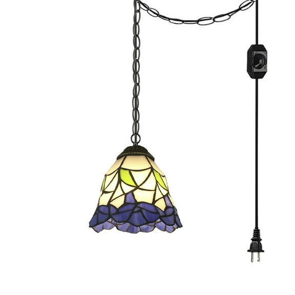 Kiven Plug in Pendant Light,E26 Socket Tiffany Style Hanging Light Fixture with 13ft Iron Chain, Dimmable,1-light