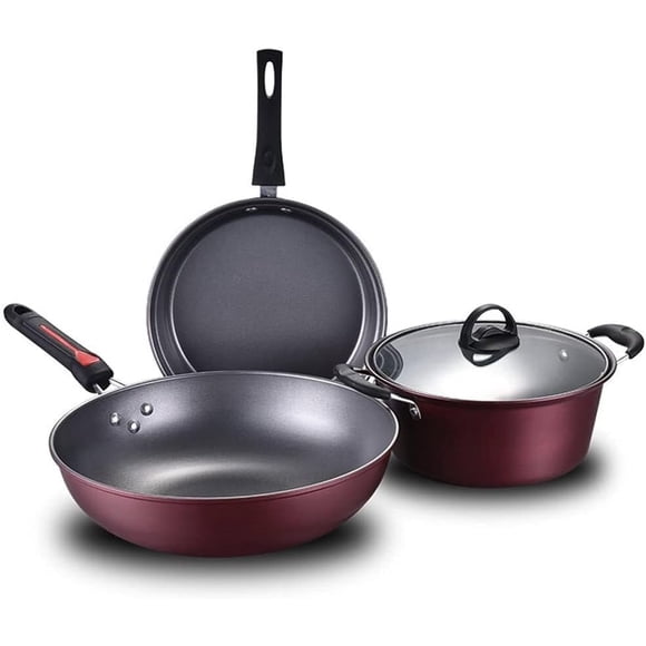 3Pcs Cast Iron Non-Stick Cookware Set, Frying Pan, Cooking Pot & Saucepan with Glass Lid, Heat Resistant Handle, Home Kitchen Set
