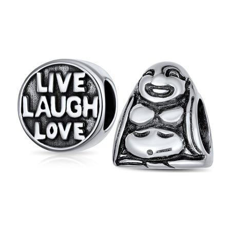 Bling Jewelry Womens .925 Sterling Silver Live Laugh Love Mantra Laughing Buddha Spiritual Charm Bead for Bracelet (Set)