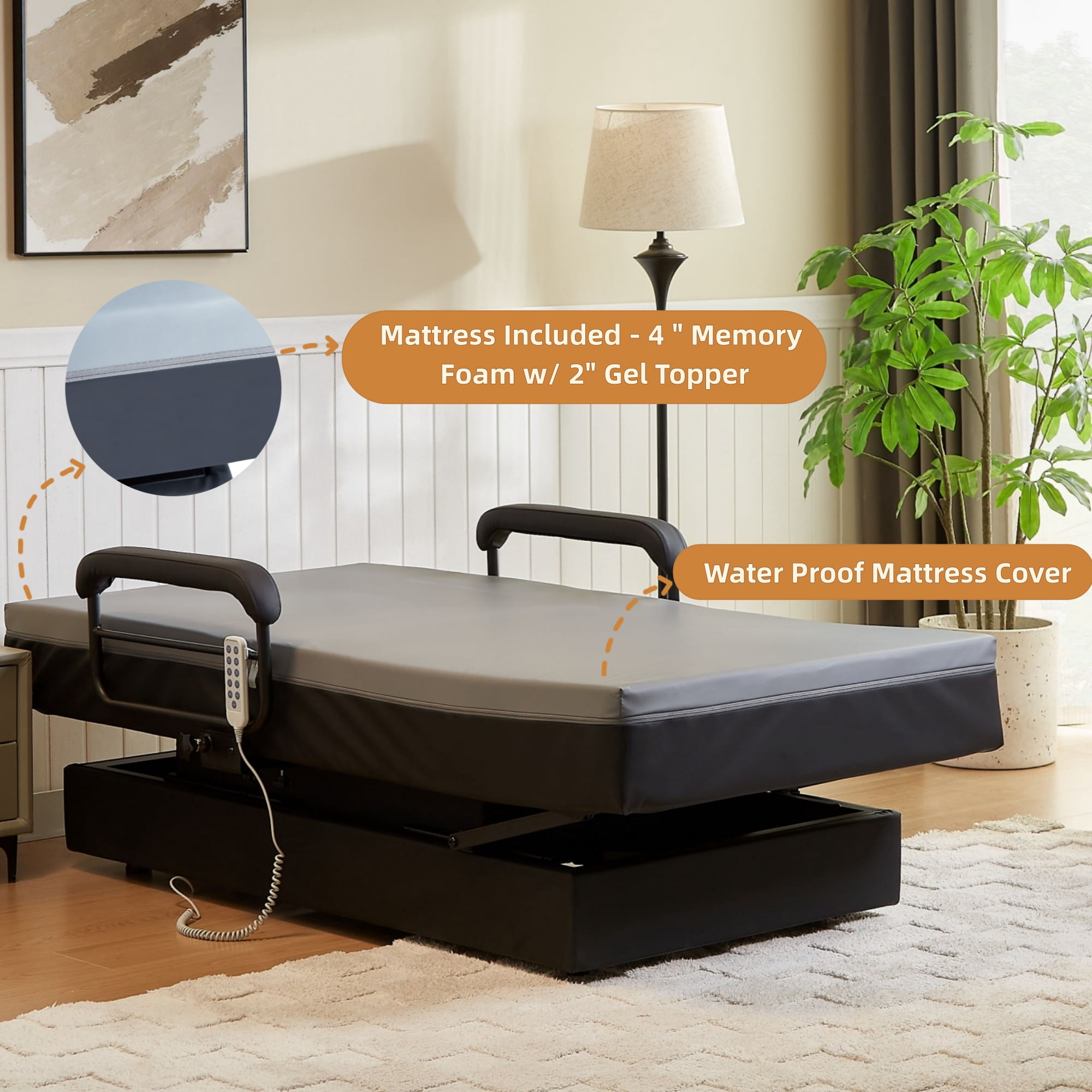 Montary Adjustable Twin Bed Frame with Remote, Sit-to-Stand, 27"H, w/Memory Foam Mattress, for Home Care