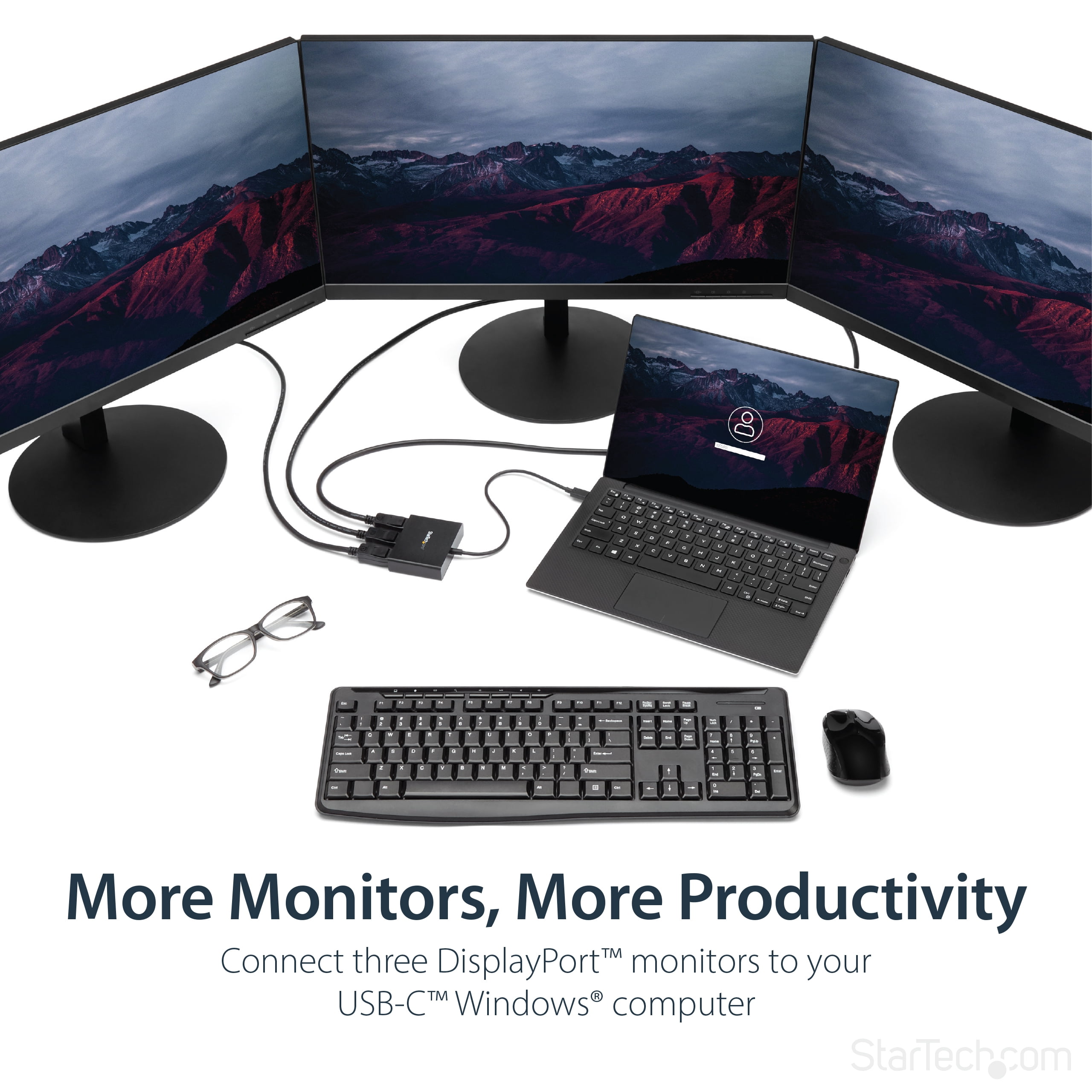 StarTech.com 3-Port USB-C Multi-Monitor Adapter, USB Type-C to 3x DisplayPort 1.2 MST Hub, Triple 1080p 30Hz DP Laptop Display Extender / Splitter, Extra-Long Built-In Cable, Windows