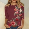 thumbnail image 2 of Htigea Ladies 3/4 Sleeve Crew Neck T Shirt Flower Print Tees Casual Comfy Pullover Top Summer Fall Spring Tshirts Red,XL, 2 of 5