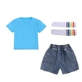 thumbnail image 2 of Bixock Toddler Boys Girls 2-piece Summer Set,Kids Clothings Set,Crew Neck Short Sleeve Top Denim Shorts and Long Socks Casual Matching Outfits for Boys and Girls Kids Clothings 2-10 Years, 2 of 7