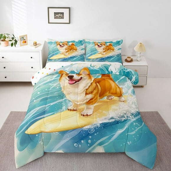 Erosebridal Yellow Corgi Comforter Sets Queen Size,Ocean Surfing Bedding Queen Comforter Set,Kawaii Cartoon Bedding Sets Queen With Comforter,Breathable Animal Bedroom Decorative,Reversible,3-Piece
