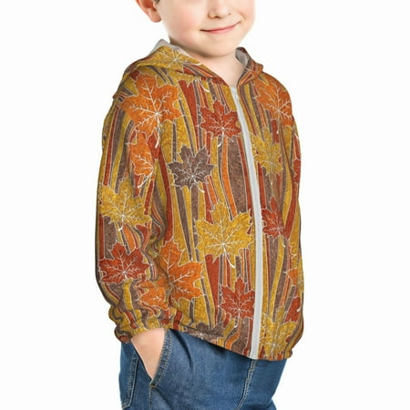 

Uemuo Autumn Maple Leaf Stripes Pattern Rash Guard for Boys Girls Long Sleeve Swim Shirts UPF 50+ UV Sun Protection Hooded Fishing Shirt with Pocket for Kid-18 Months