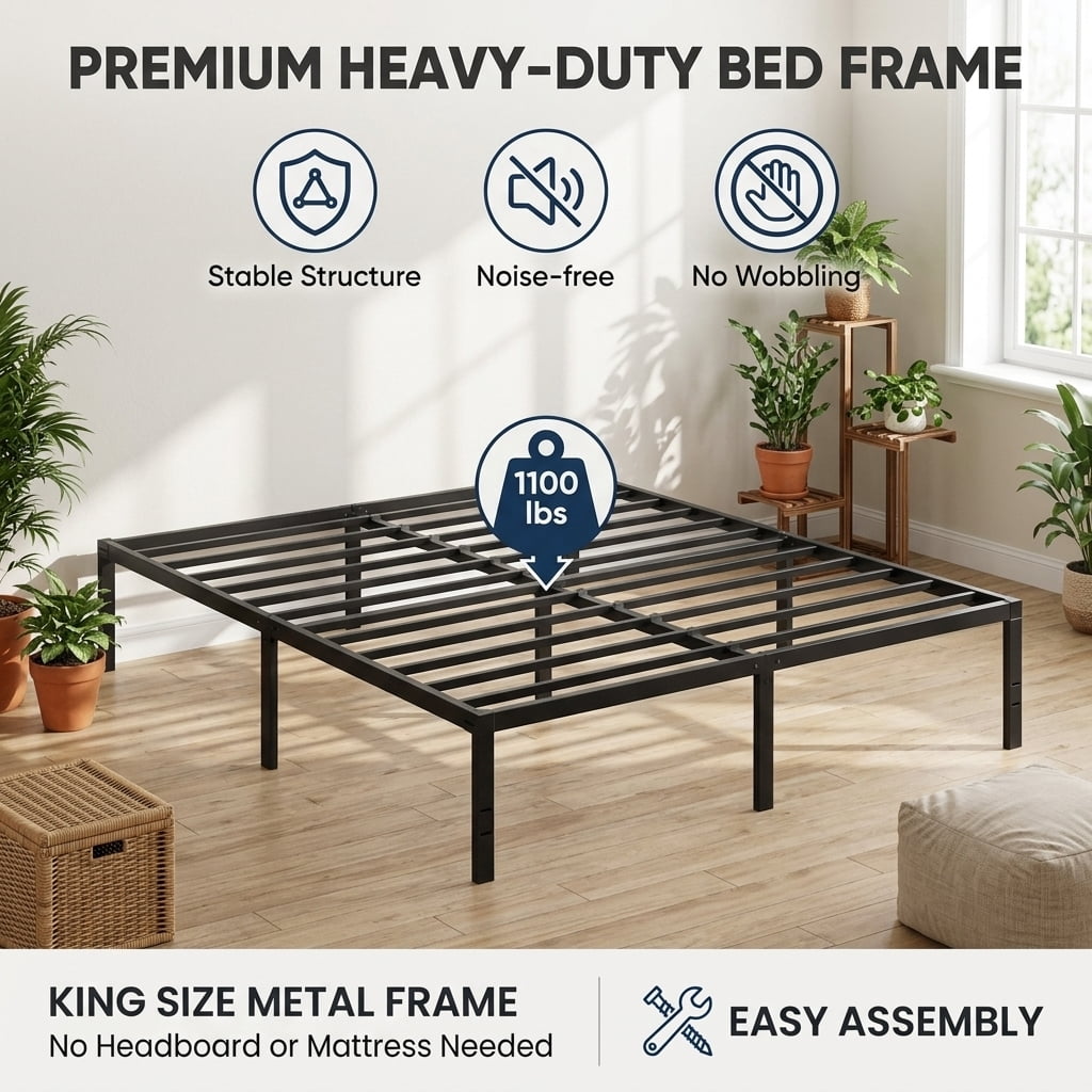 LEDREM King Size Metal Frame, Heavy-Duty Platform Bed with Under-Bed Storage, Easy Assembly for Bedroom, Black