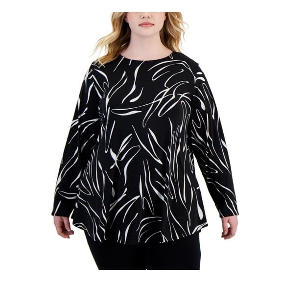 ALFANI Womens Black Printed Long Sleeve Crew Neck Tunic Top Plus 1X