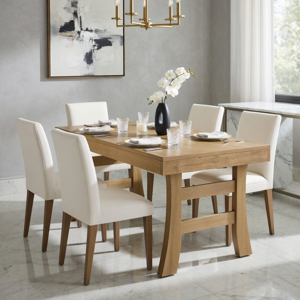 Hommoo 63 Inch Farmhouse Dining Table for 4-6 People, Rustic Wood Grain Rectangular Kitchen Table with Modern Leg Design, MDF Construction, Natural
