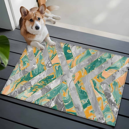2x3 Washable Entryway Rug Teal and Non-Slip Area Rug for Front Door Kitchen Bathroom Grey Marble Abstract Geometric Contemporary Art Indoor Floor Mat for Home Decor