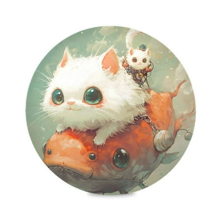 

Round Plate Mat 15.4x15.4 Inchesx1 Placemat Table Mat Kitchen Mat Coffee Mat Fabric Thick Strong Wear-Resistant Heat Resistance Lovely Cartoon Cat Fish
