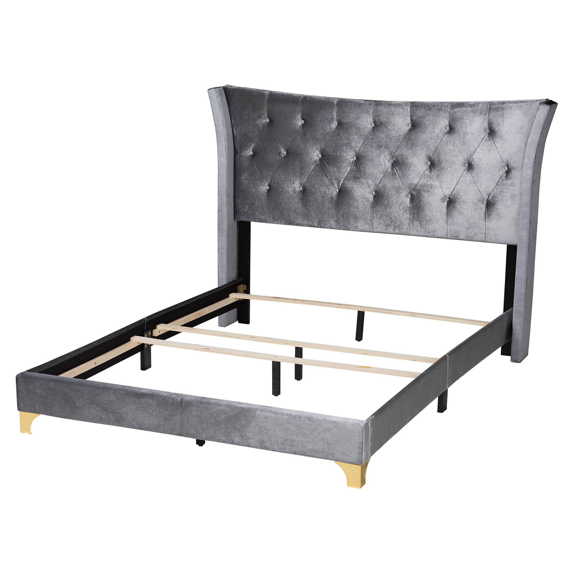 Baxton Studio Easton Contemporary Glam and Luxe Grey Velvet and Gold Metal Queen Size Panel Bed