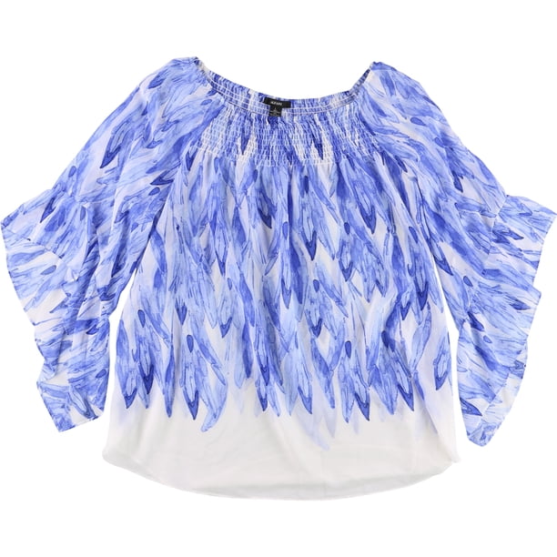 Alfani Blusa estampada con hombros descubiertos para mujer, azul, grande