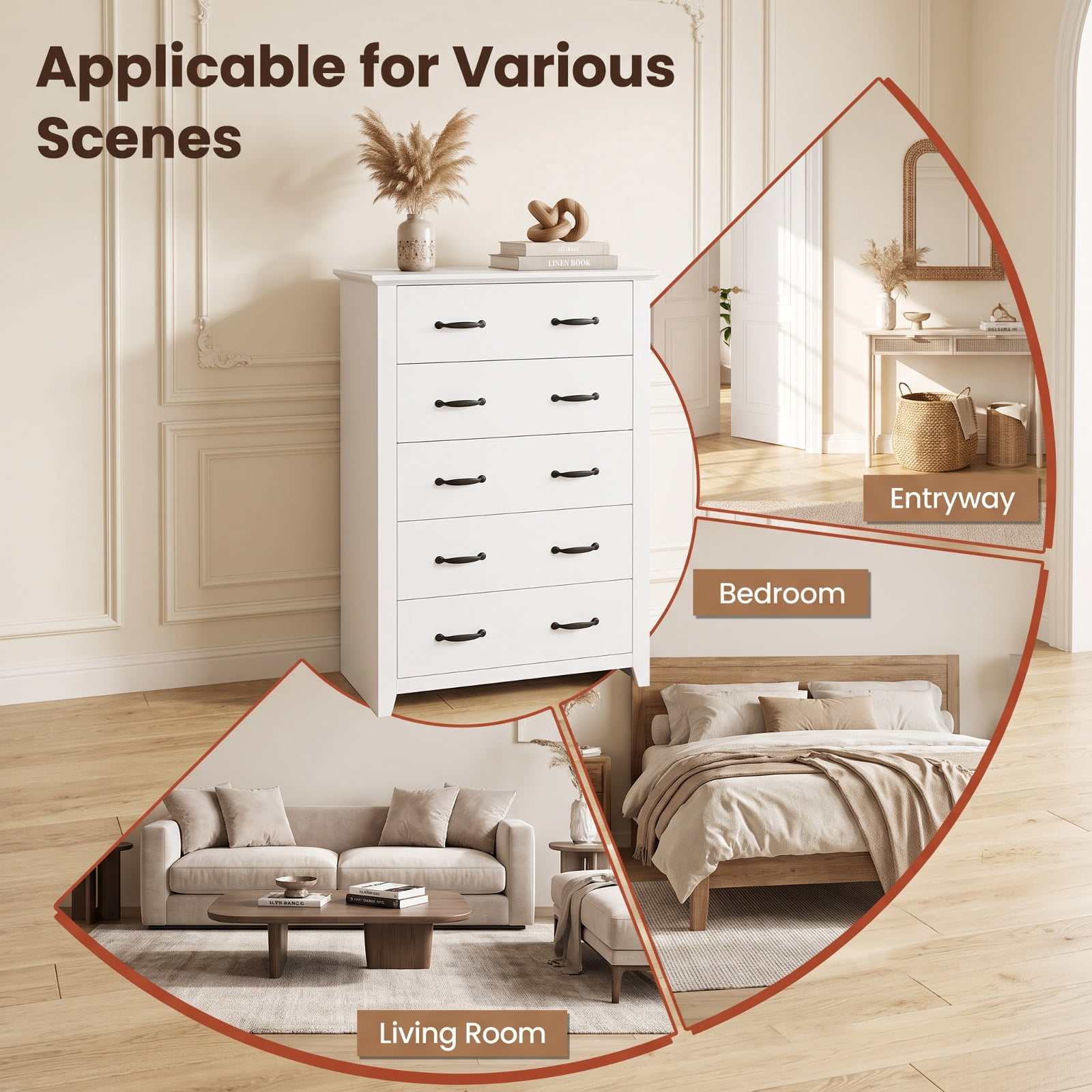 Furnibear Tall Storage Dresser with 5 Pull-out Drawers for Bedroom Living Room for Bedroom Closet Living Room Nursery Clothes Storage, White