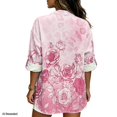 thumbnail image 2 of FKELYI Pink Rose Flower Leopard Print Faux Linen Shirts Women's V-Neck Blouses Breathable Roll Up Sleeve Shirts Summer Beach Top 3/4 Sleeve Vacation Outfits, S, 2 of 5