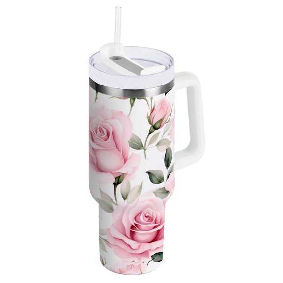 JSTEL Pink Rose Flowers 40 oz Tumbler Stainless Steel Water Bottle Vacuum Insulated Cup with Straw Lid & Handle For Travel Car Cup Holder