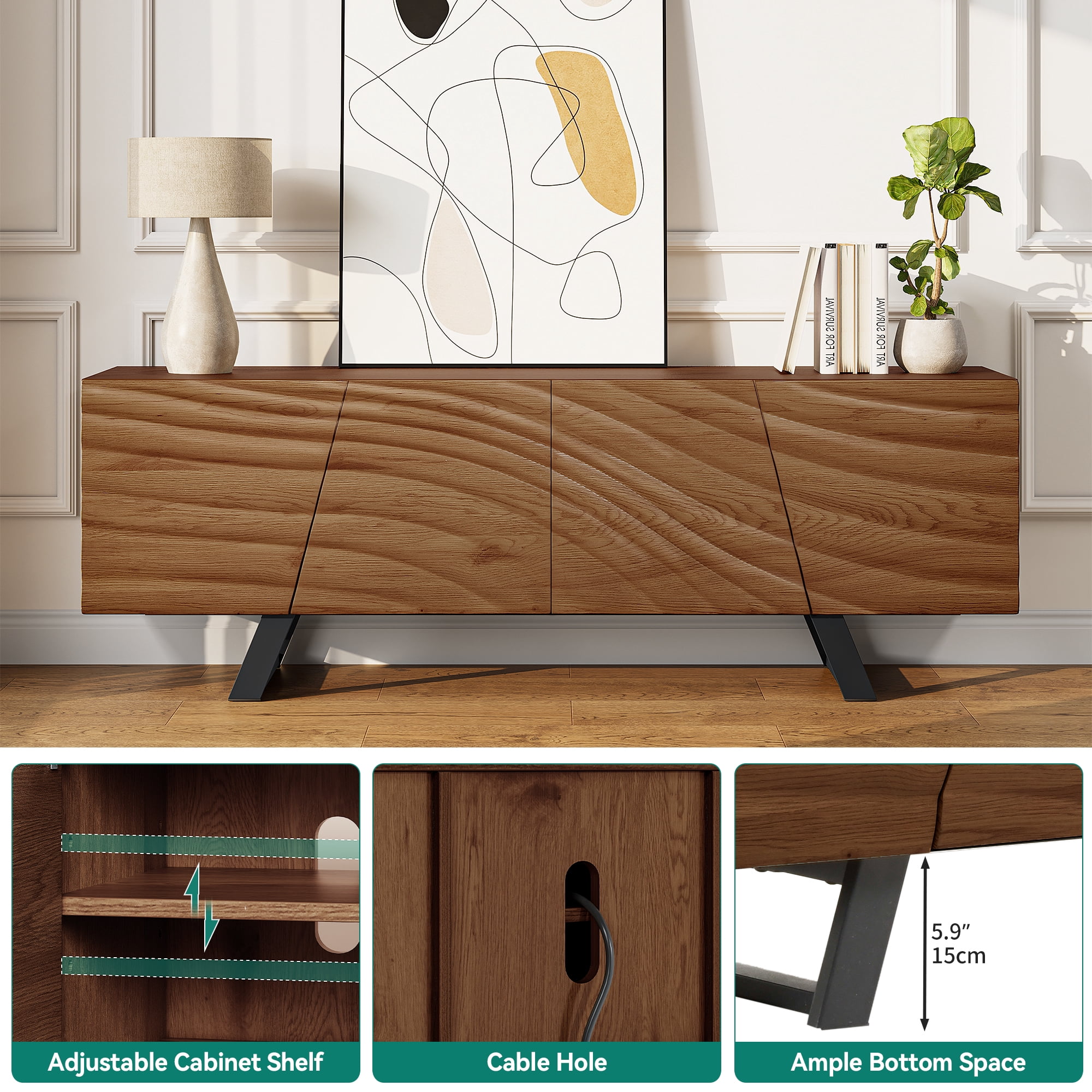 Dextrus Television Stand with Storage Cabinet, Wood Walnut, 68.90 x 20.08 x 5.63 Inches, 97 lb