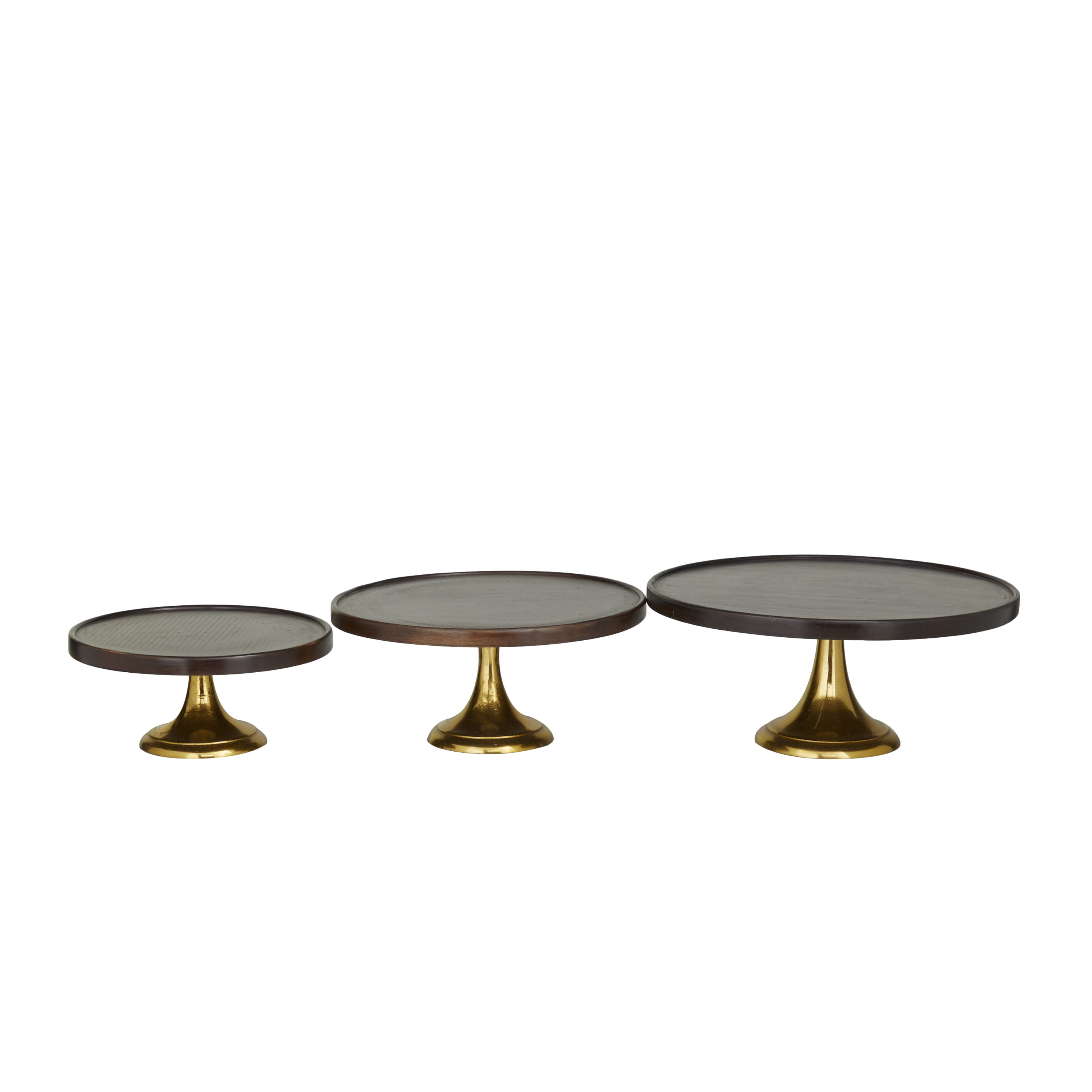 DecMode 14", 12", 10"W Dark Brown Mango Wood Cake Stand with Gold Aluminum Bases, 3-Pieces