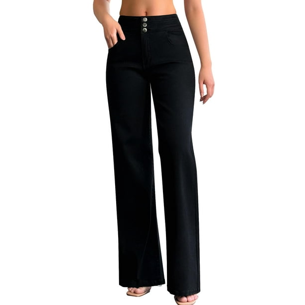Jeans de pierna ancha para mujer, casuales, de cintura alta, elásticos, holgados, pantalones de mezclilla sueltos, negros, talla X-Large.
