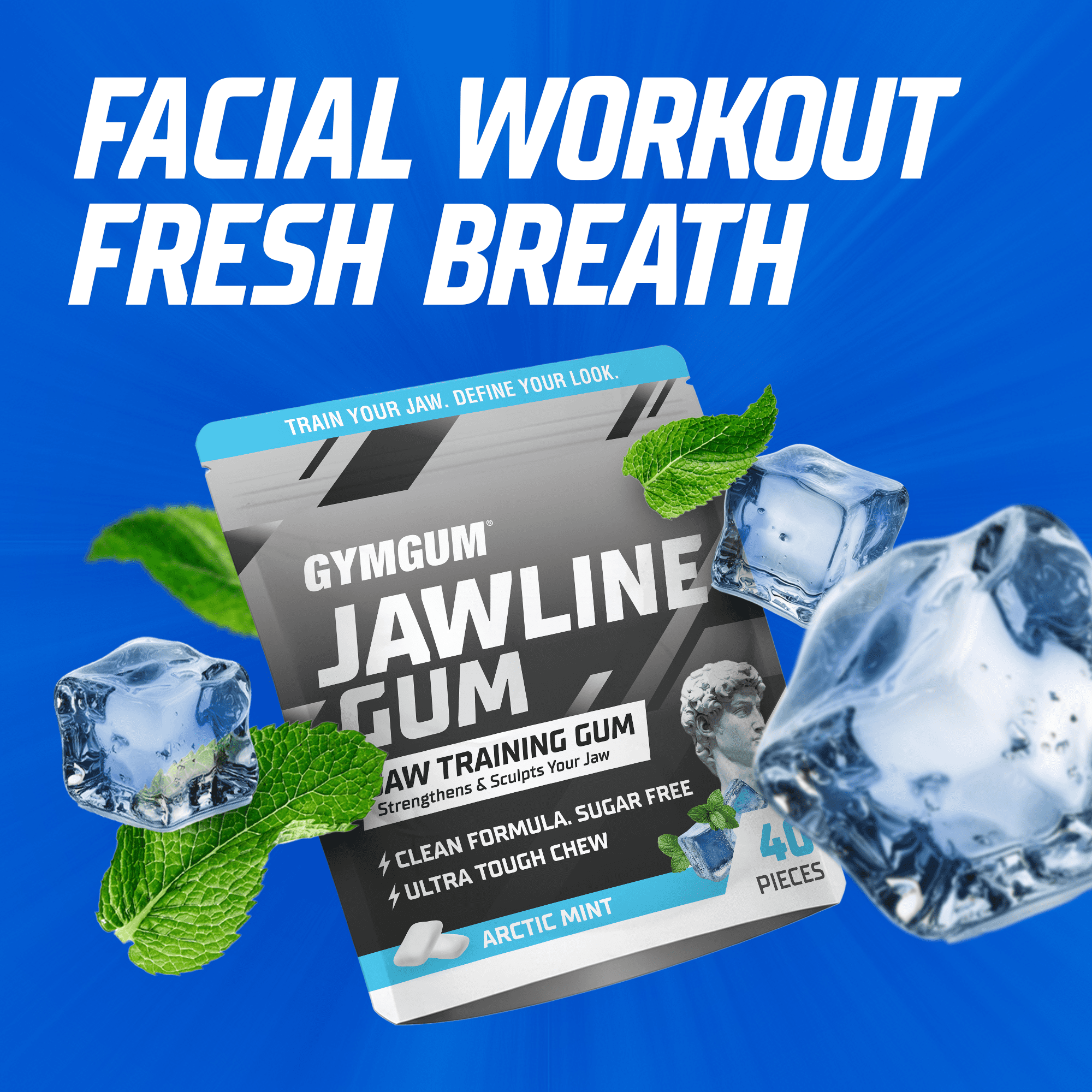 GYMGUM Jawline Ultra Hard Chewing Gum | No Calories, No Sugar, No Artificial Sweeteners | Keto Friendly Mewing Gum for Jaw Training & Exerciser (40 Count (pack of 3), Arctic Mint)