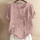 thumbnail image 1 of ICHUANYI Clearance Women's Short Sleeved Casual Plus Size Round Neck Feather Printed Loose Button Cotton Linen Top(Pink, L) Ichaunyi WER2023081008676, 1 of 5