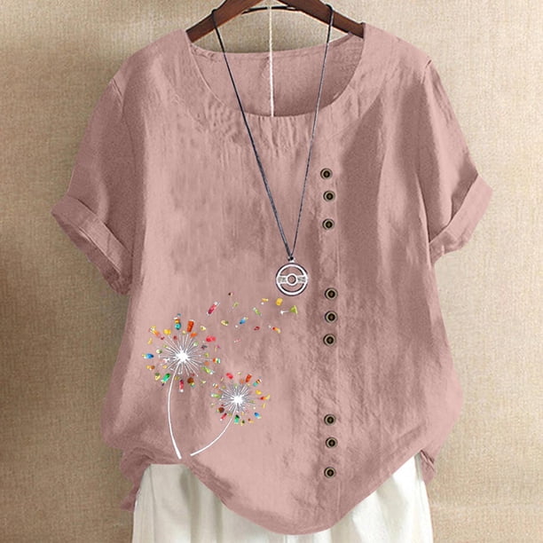 ICHUANYI Clearance Women's Short Sleeved Casual Plus Size Round Neck Feather Printed Loose Button Cotton Linen Top(Pink, L) Ichaunyi WER2023081008676