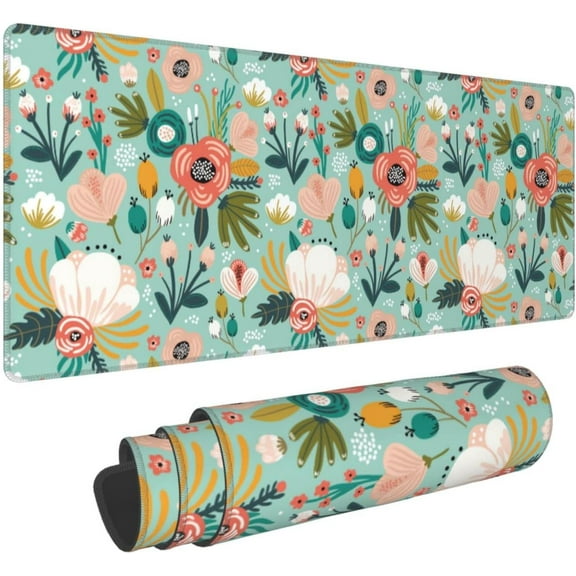 Floral Large Mouse Pad Extended Desk Pads Rubber Non-Slip Computer Game Mouse Mat with Stitched Edges Waterproof 31.5x11.8inches