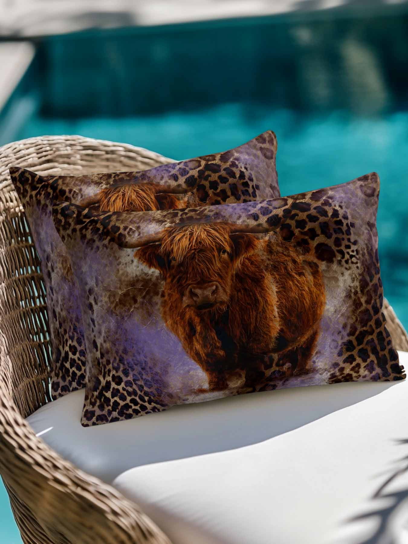 1 Pack Outdoor Throw Pillow, Purple Cow Leopard Waterproof Pillow with Insert Included, Aesthetic Vintage Animals Farmhouse Decorative Accent Cushion Lumbar Pillows for Patio Porch, 12 x 20 In