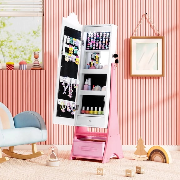 DRAZUNO Kids Jewelry Armoire w/3-Color Lighted Full Length Mirror & Inside Led Lights