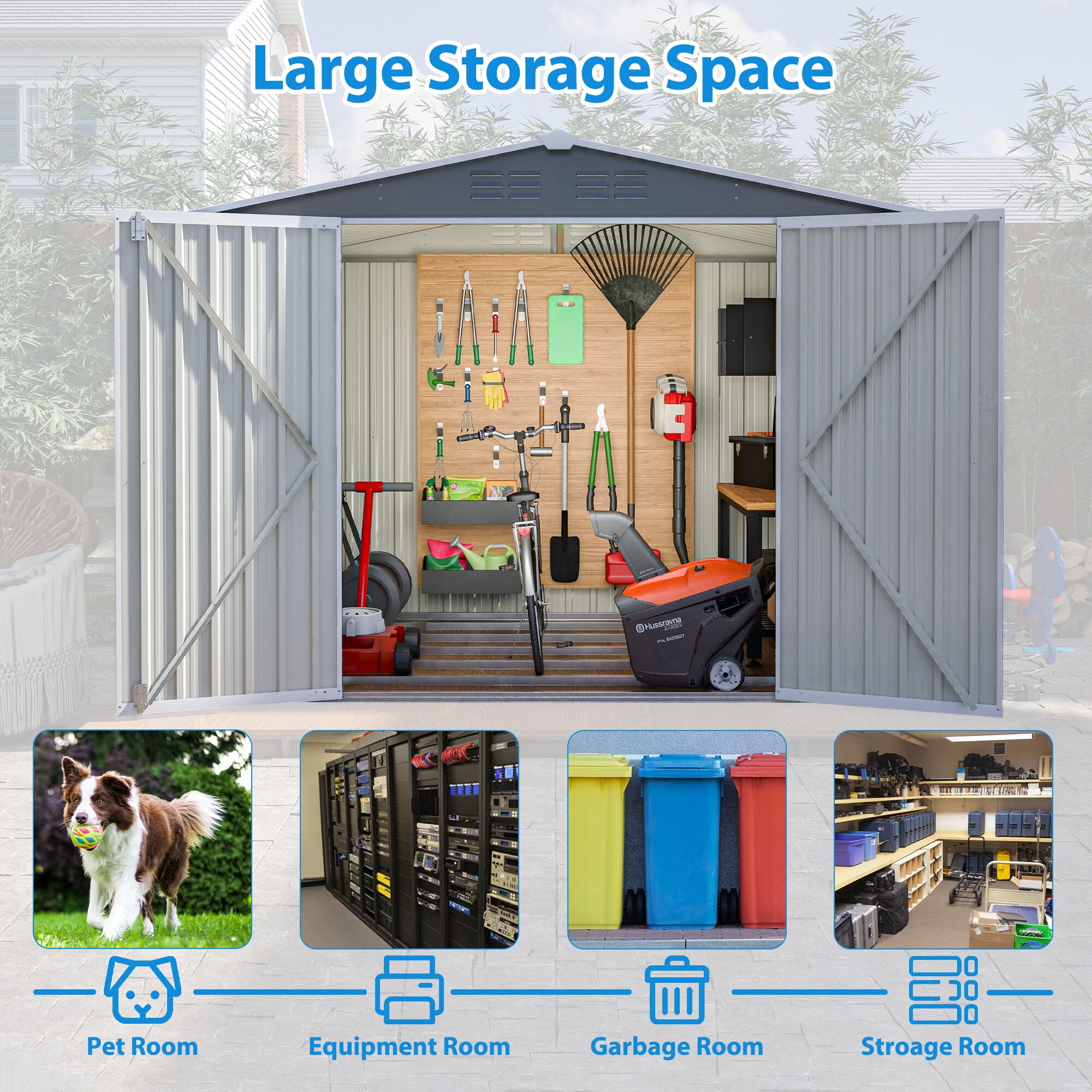 Outdoor Storage Shed 8 x 6 FT Outdoor Waterproof Garden Tool Storage Sheds with Metal Foundation with Floor Frame, Tool Shed with Lockable Hinged Doors & Air Vents, Storage House Waterproof for Backy